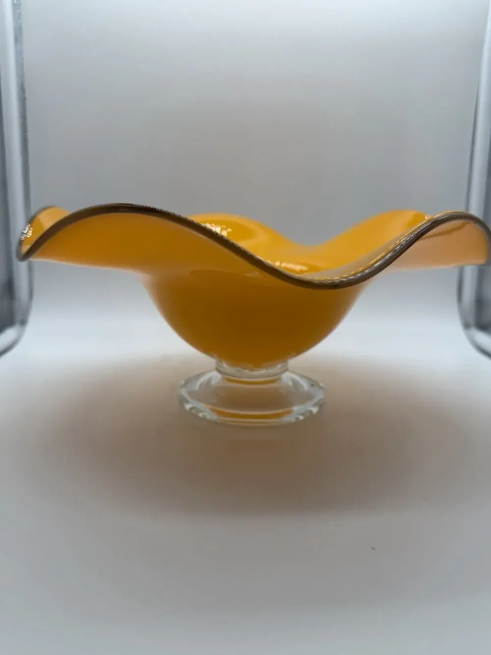 Teleflora MCM Orange Handblown Art Glass Ruffled Footed Compote Pedestal Bowl